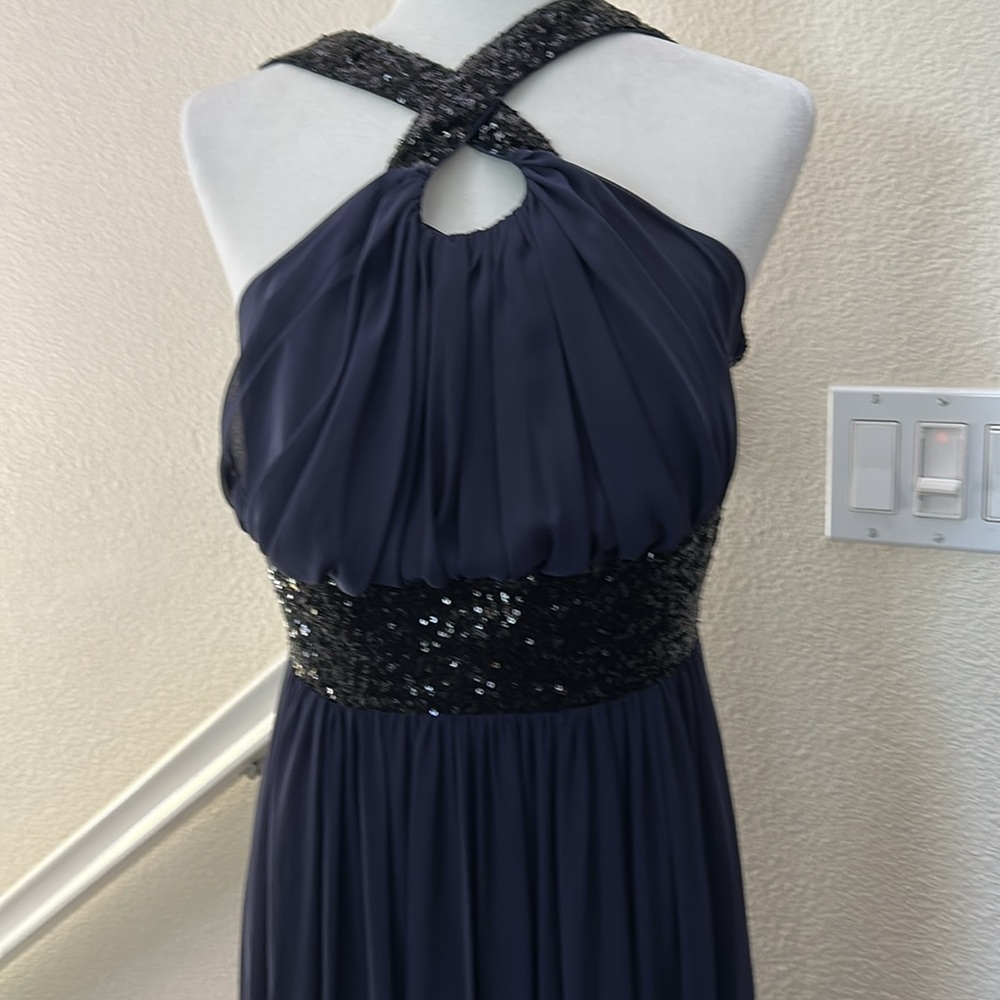 Kevin Klain HALTER PLEATED CROSS NECK NAVY GOWN DRESS sz 8 - Picture 6 of 13